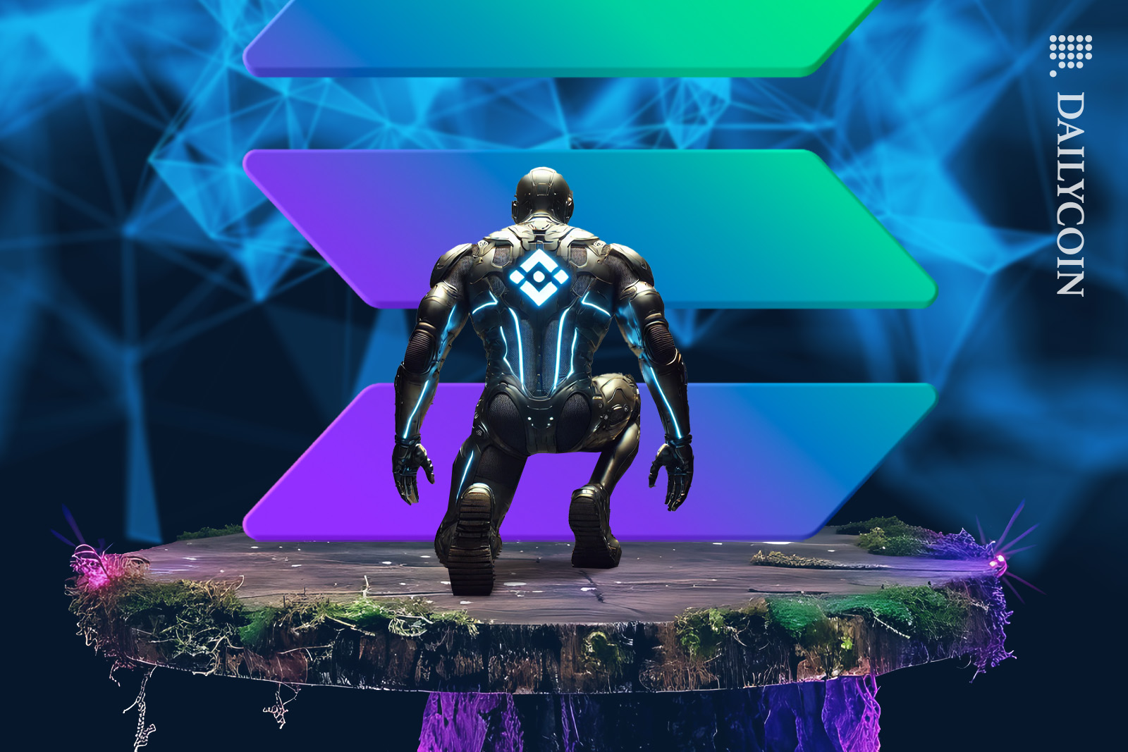 Binance Robot bowing down to Solana on a floating island.