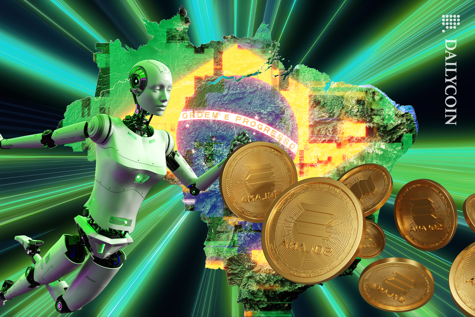 Brazil with Solana coins traveling through space.