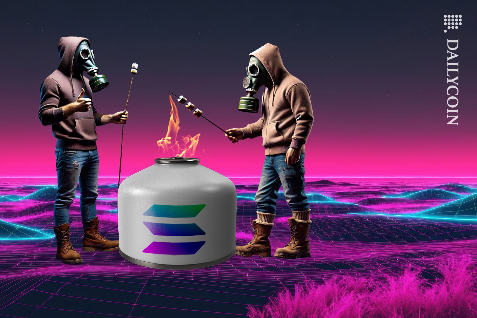Two people with gas masks roasting some marshmallows on a Solana gas canister.