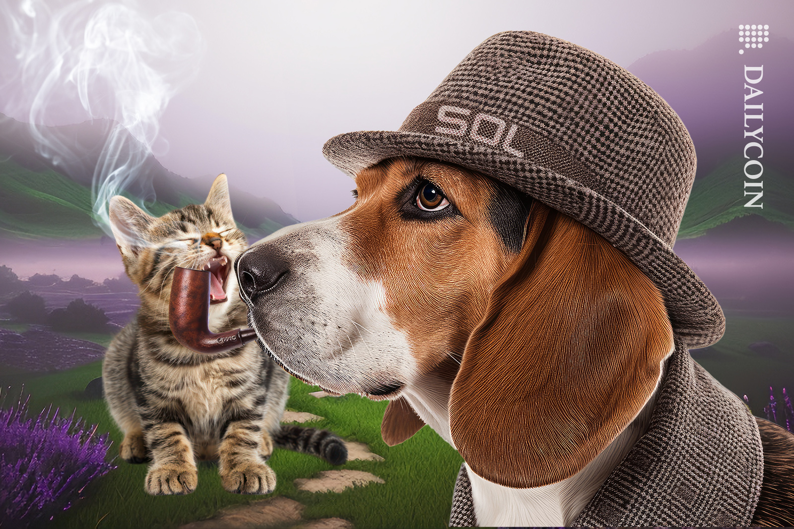 Dog with hat and POPCAT feeling low on Solana land.