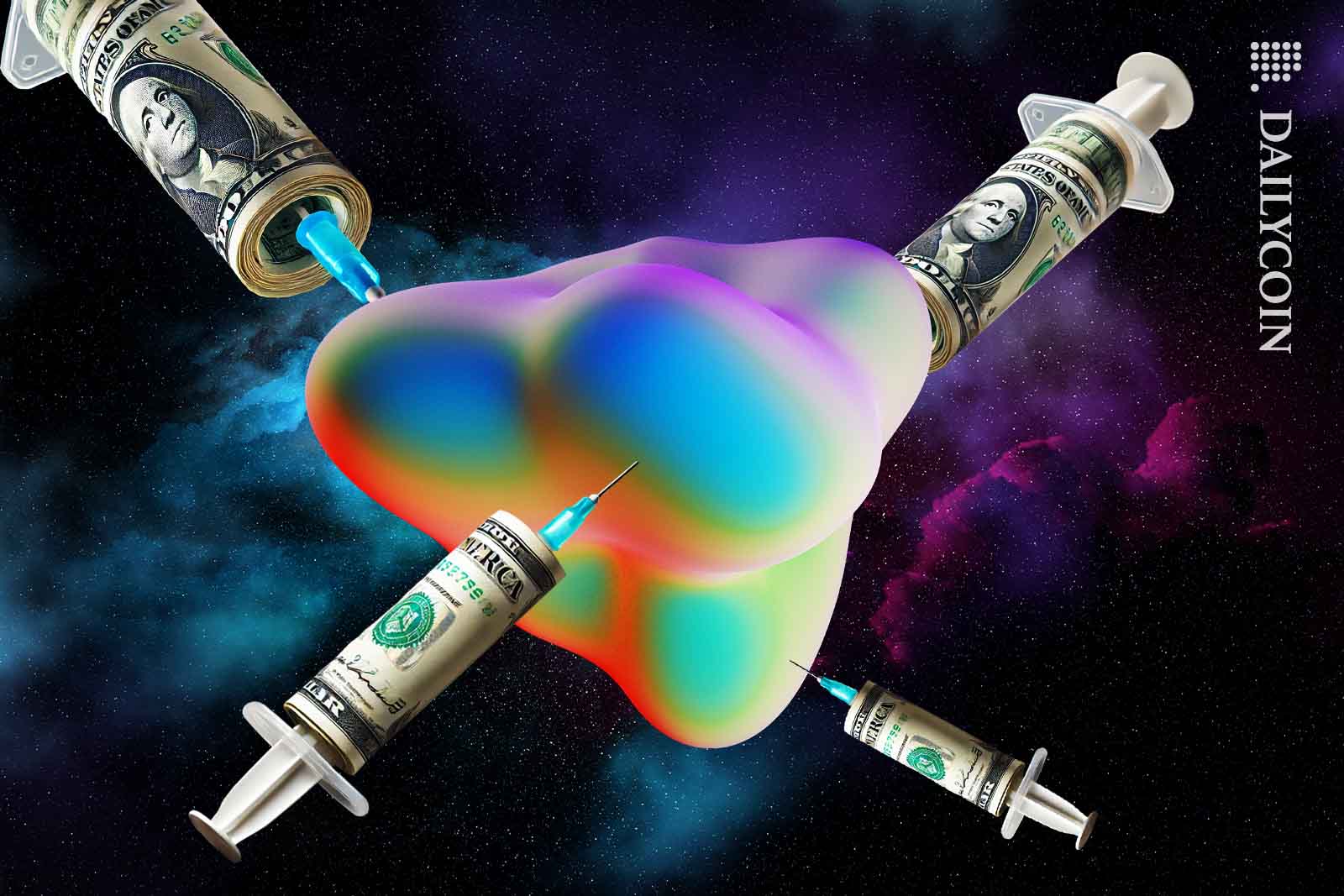 Colorful object being injected with money via syringes.