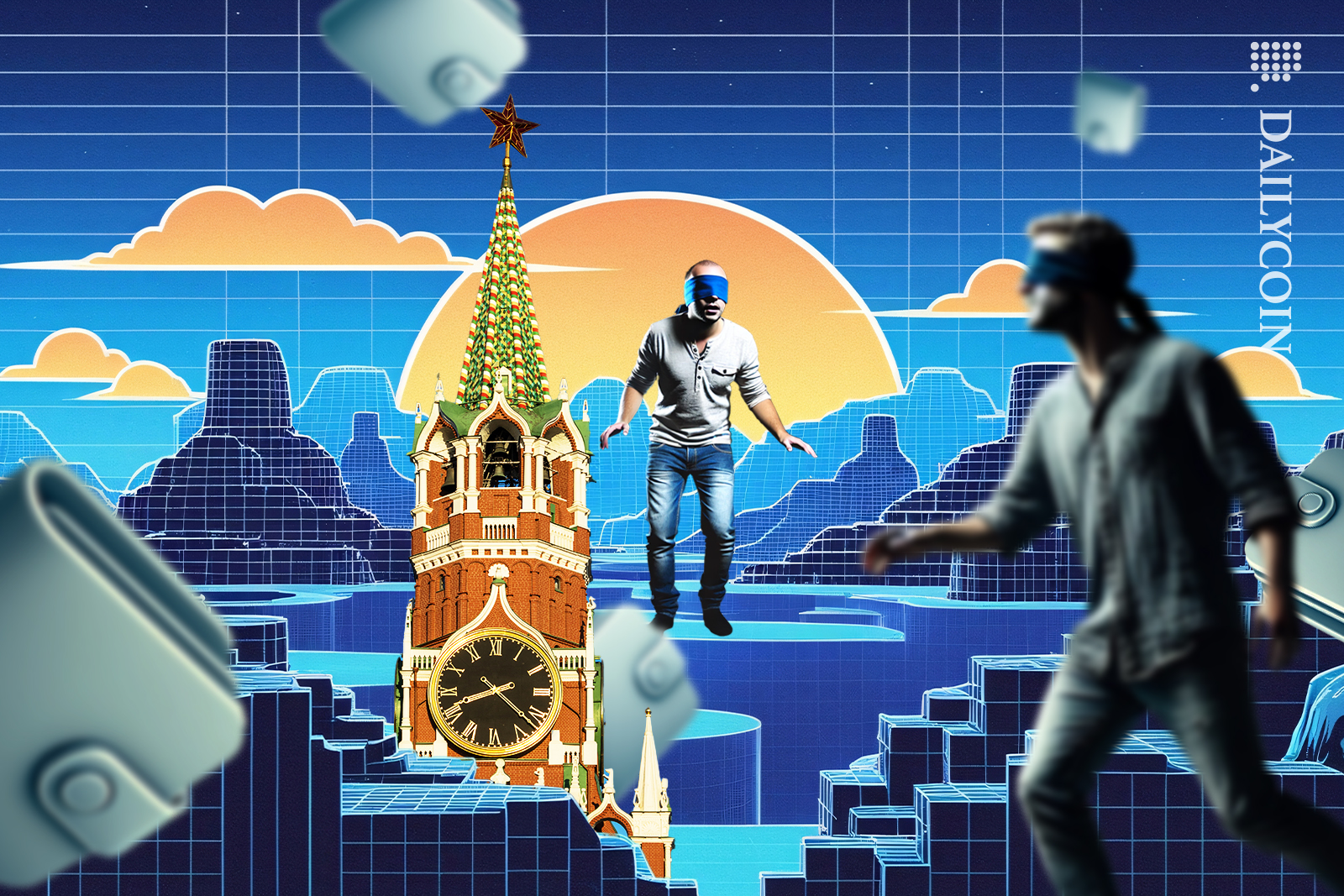 People are lost on digital land blindfolded looking for telegram wallet. In the space tower is standing.