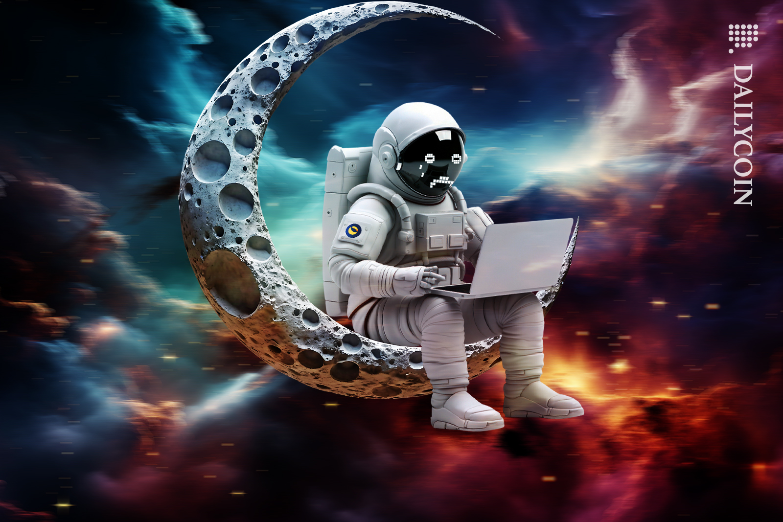 Terra spaceman sitting on a waxing crescent moon with his laptop crying.