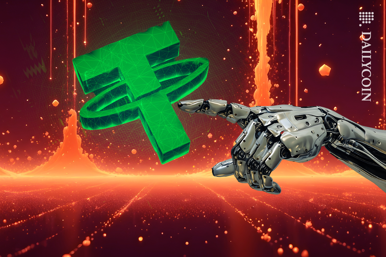 Robot hand pointing to digital currency tether.