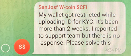 Telegram user claims about losing Toncoins transferred to Telegram wallet.