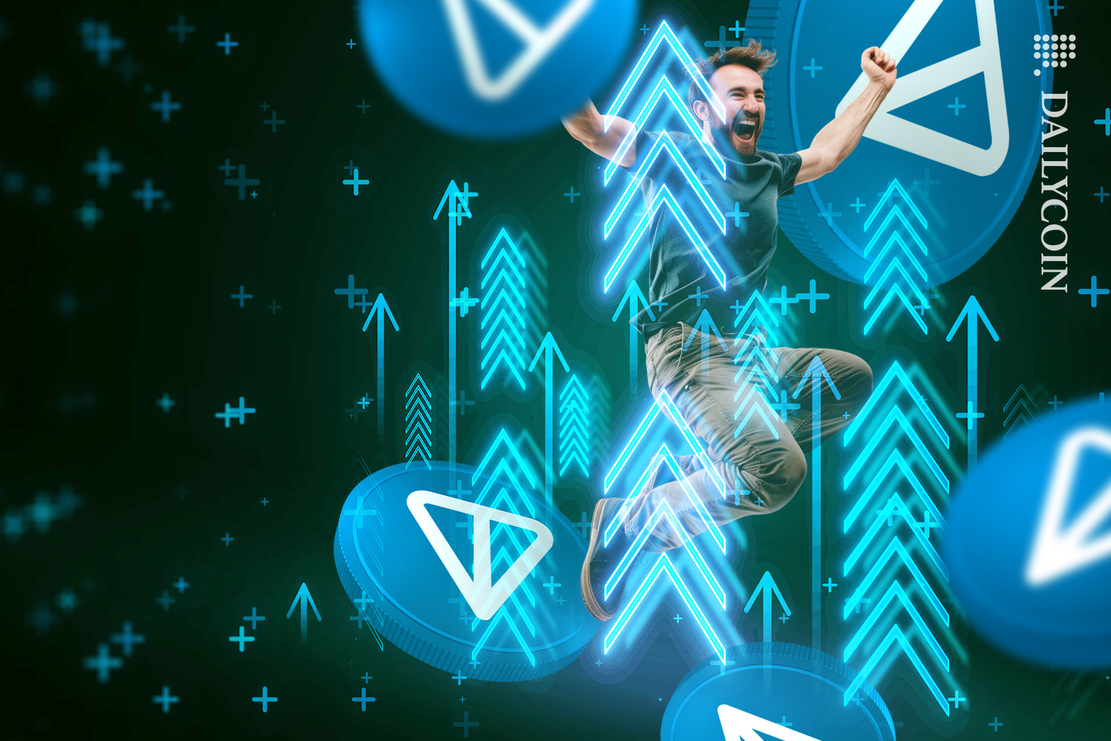Man jumping in the air for joy together with TON coins.