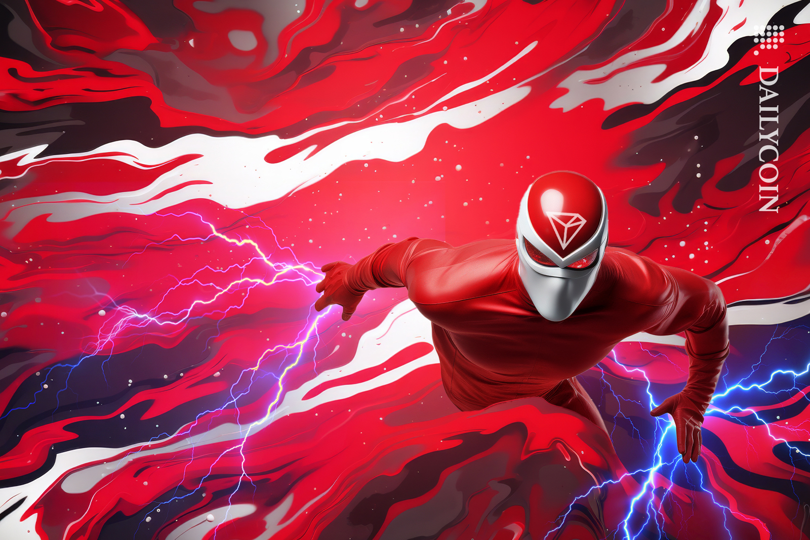 Tron hero character emerging from a digital wave with powerful electric hands.