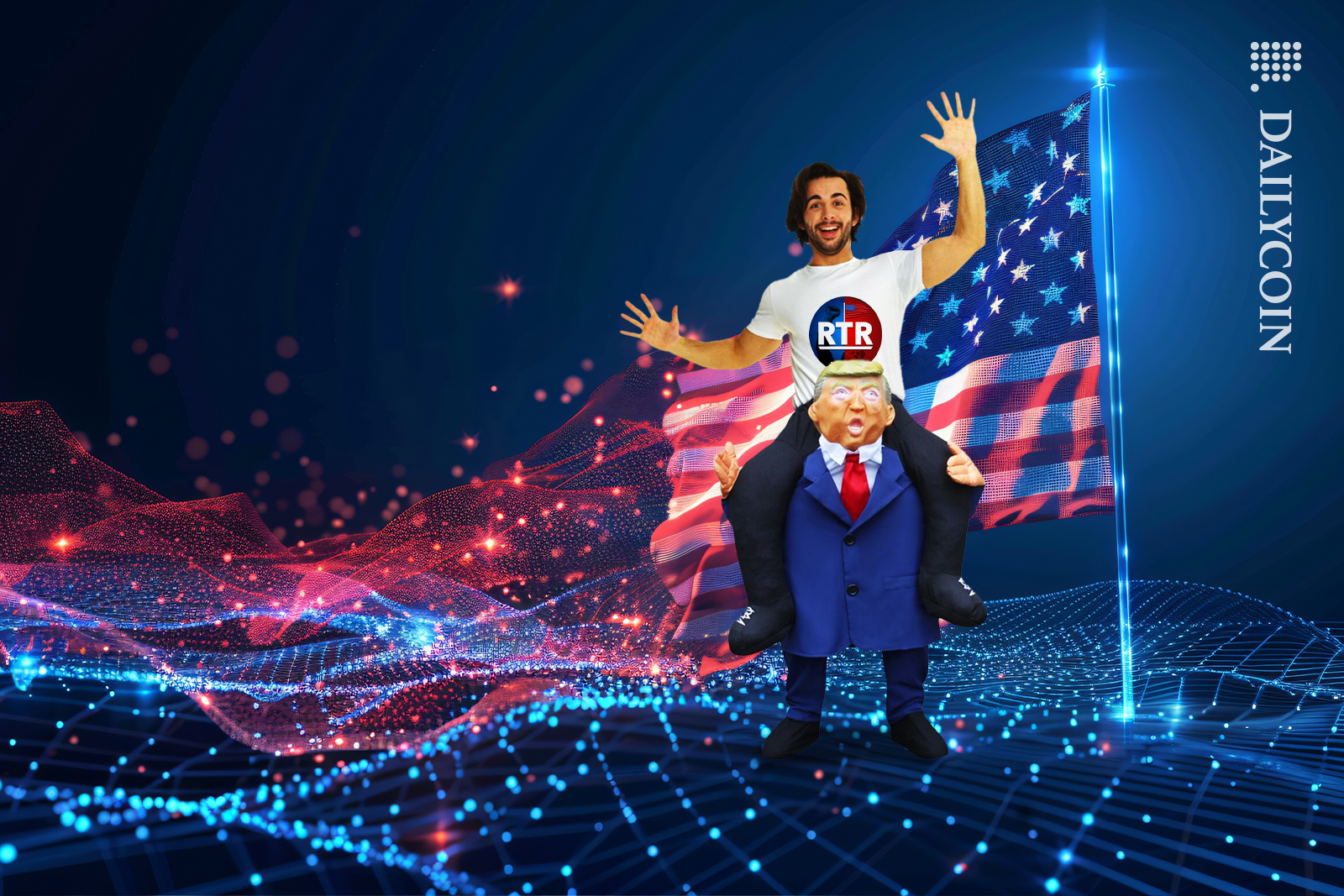 Guy wearing a Donald Trump costume with RTR token on America's digital land.