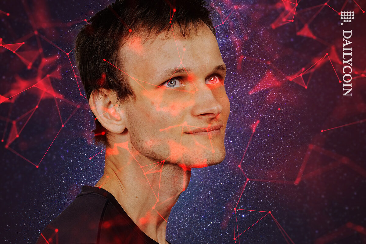Vitalik Buterin in the night sky looking at the red defi particles.