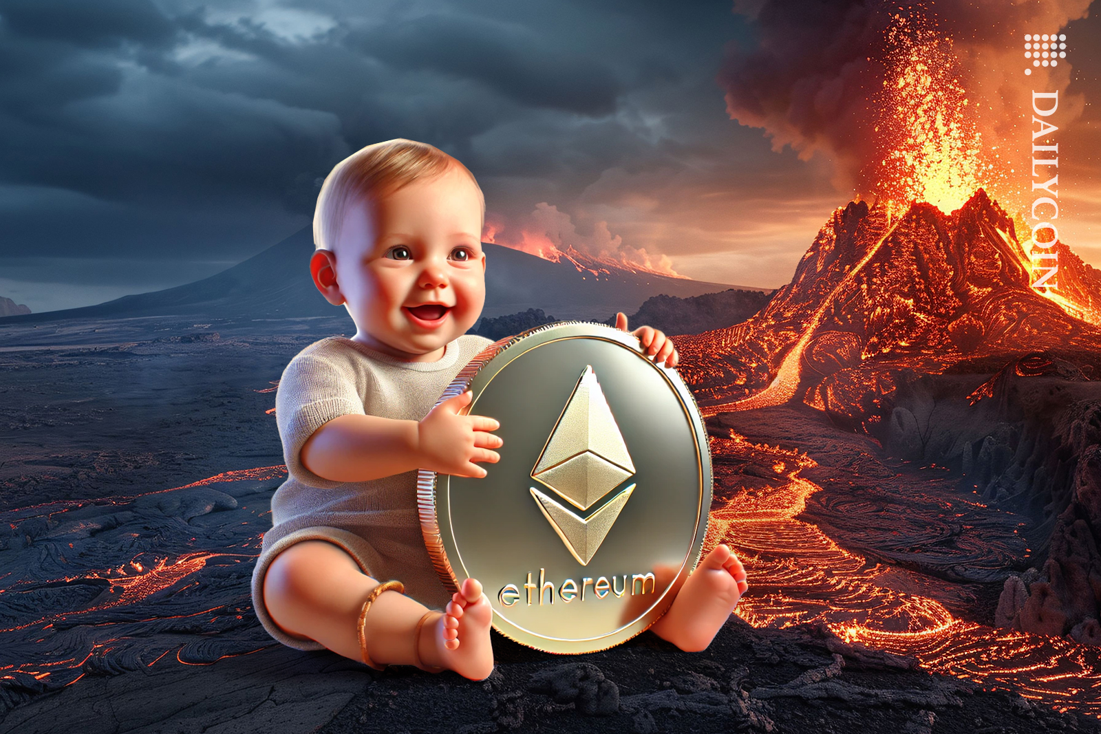 A Baby holding an Ethereum coin. As a volcano is releasing hot lava.