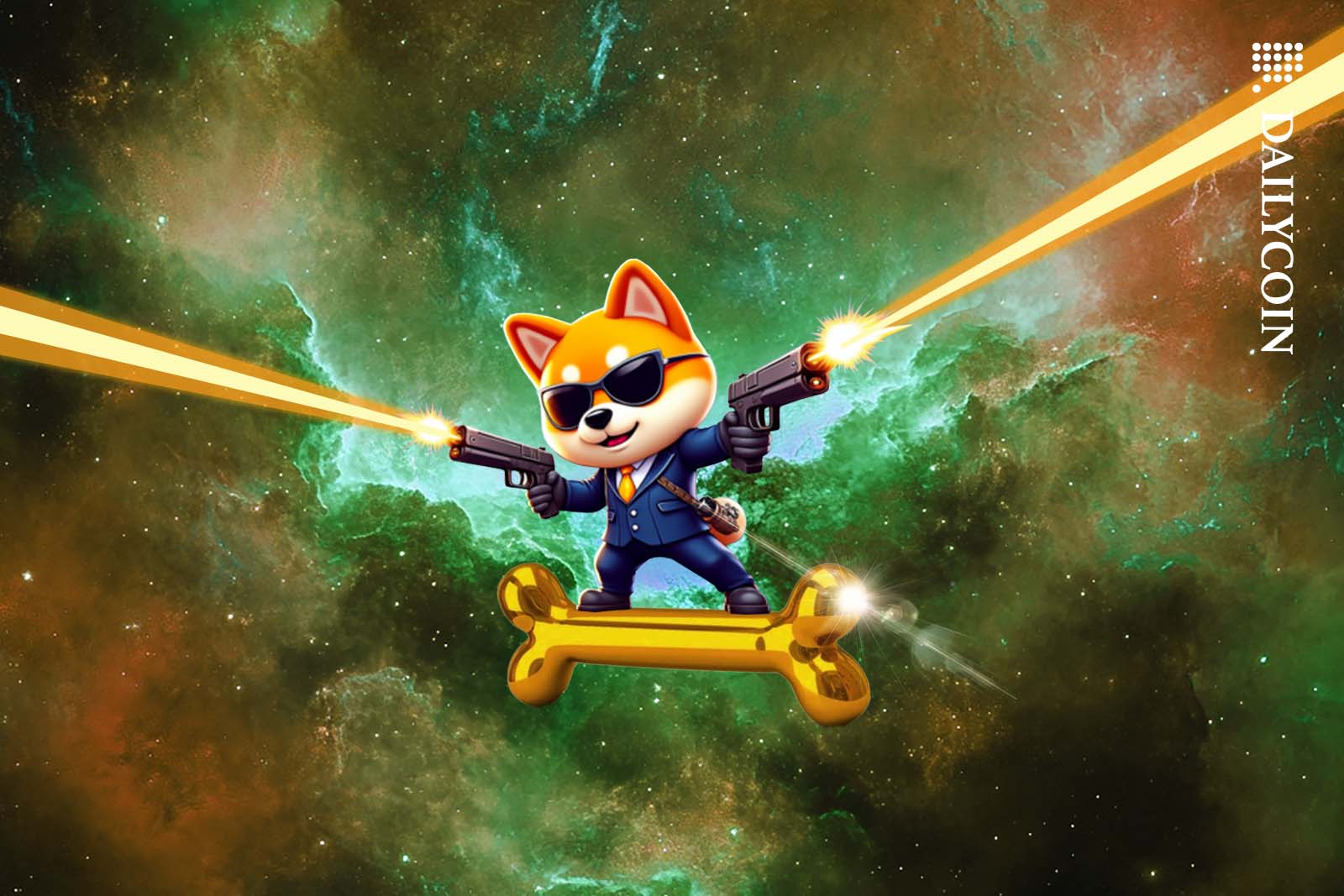 Agent Shiboshi balancing on a golden bone in space as he shooting laser beams with pistols.