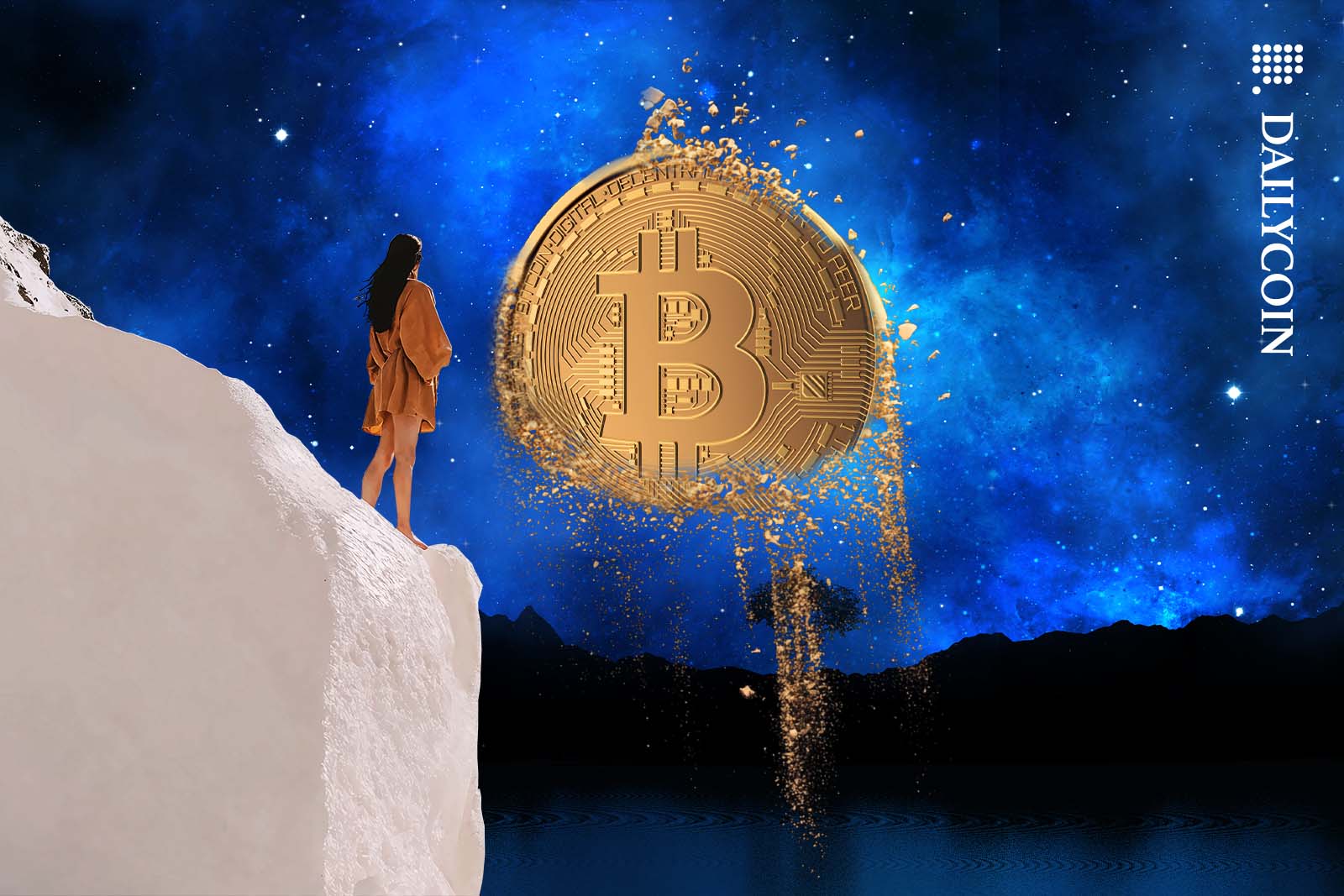 Woman from a white cliff watching a Bitcoin on the sky disintegrating.