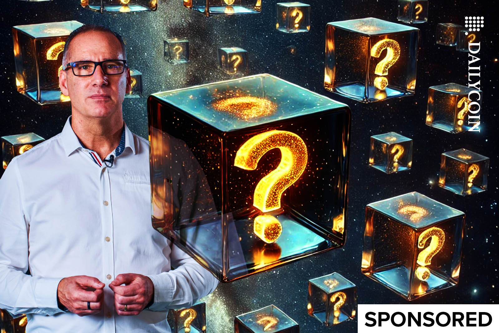 Antony Turner CEO of BlockDag surrounded by Glass encased golden question marks.