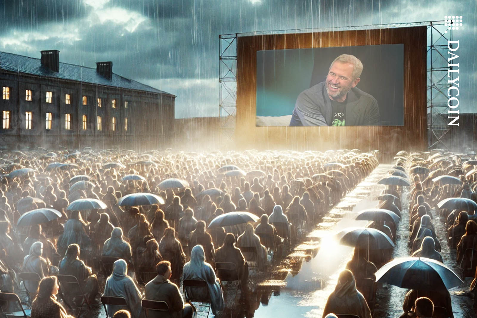 Brad Garlinghouse on a screen of an outdoor cinema on a rainy day.