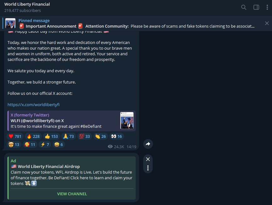 Scam ad appearing on the official Trump World Liberty Finance Telegram channel.