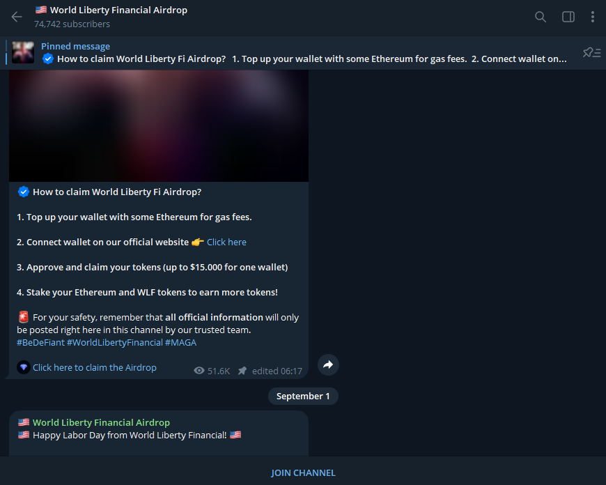 Scam Telegram channel promoting fake airdrop.