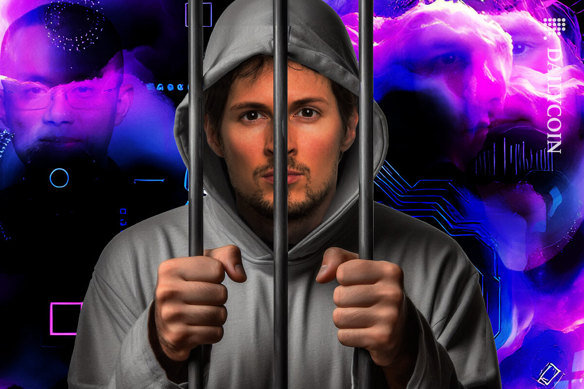 Pavel Durov behind bars behind him in a digital cloud there are glimmers of Sam Bankman and Changpeng Zhao.