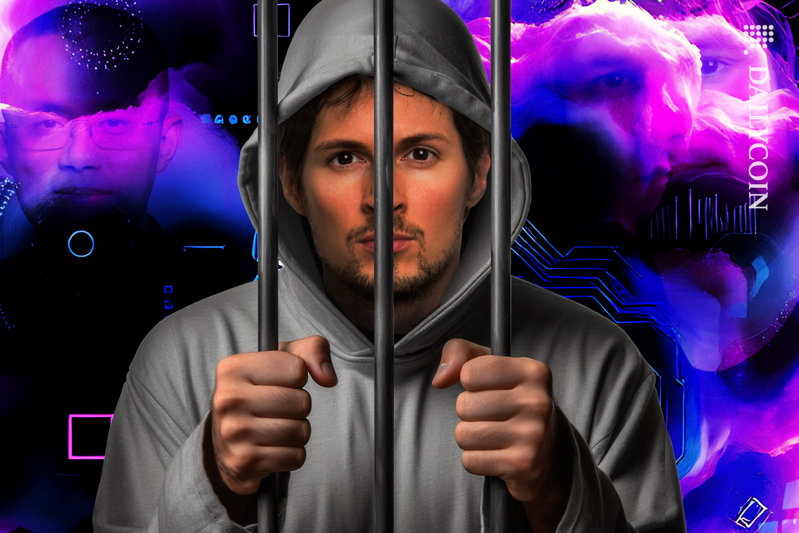 Pavel Durov behind bars behind him in a digital cloud there are glimmers of Sam Bankman and Changpeng Zhao.
