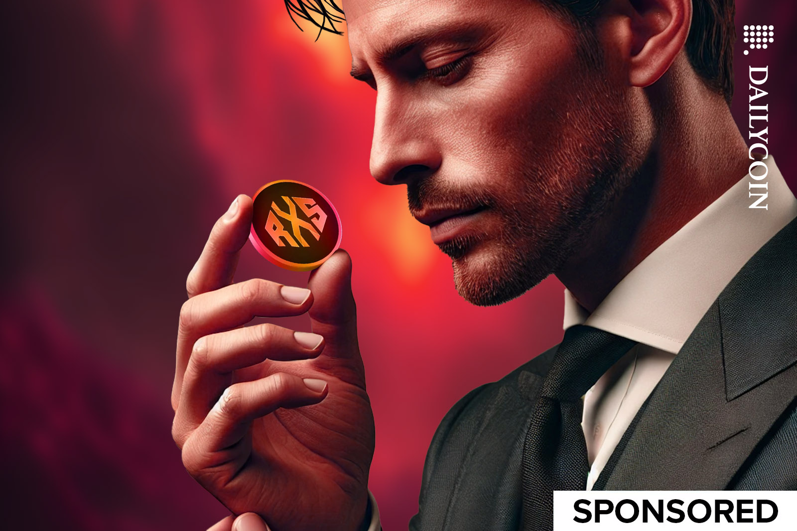 Business man looking at a coin.