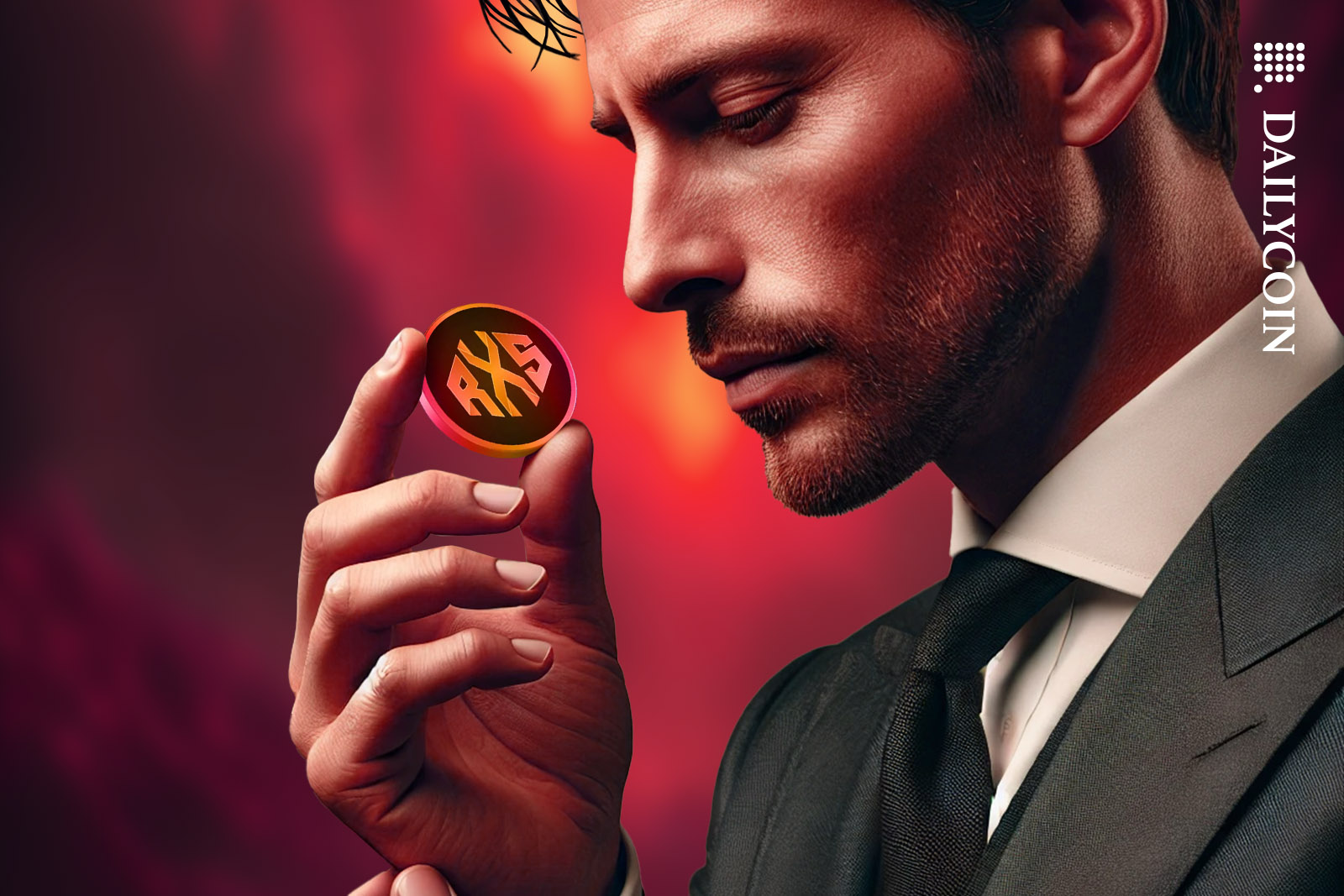 Business man looking at a coin.