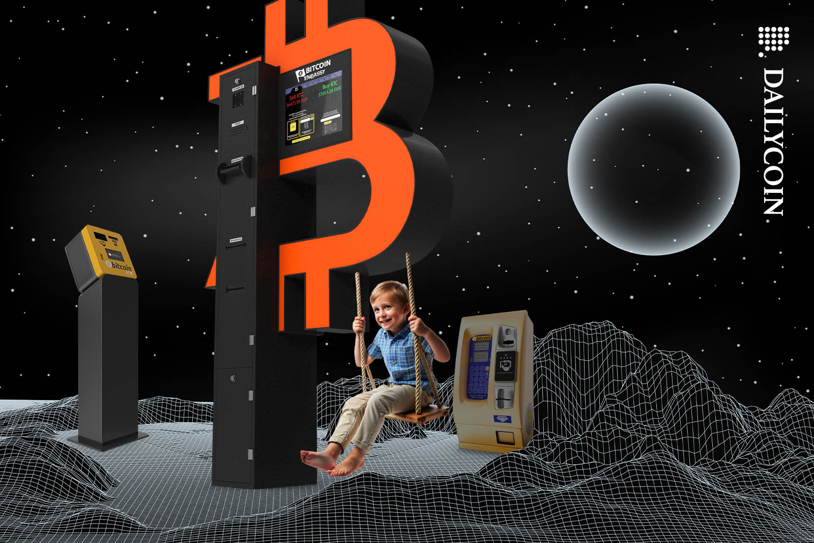 Little boy swinging on a Bitcoin ATM.