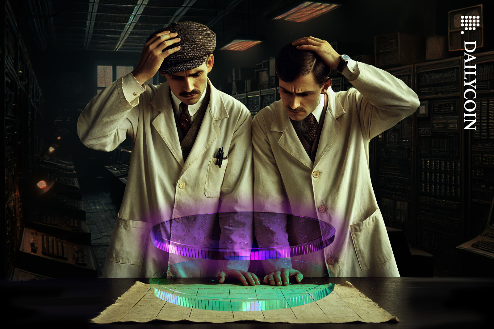 Two old fashioned scientists Staring at a digital coin with confusion.
