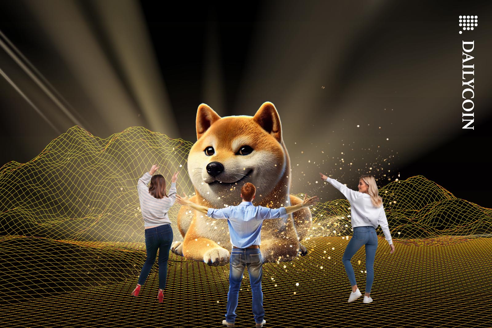 Dogecoin dog being celebrated by a small crowd.