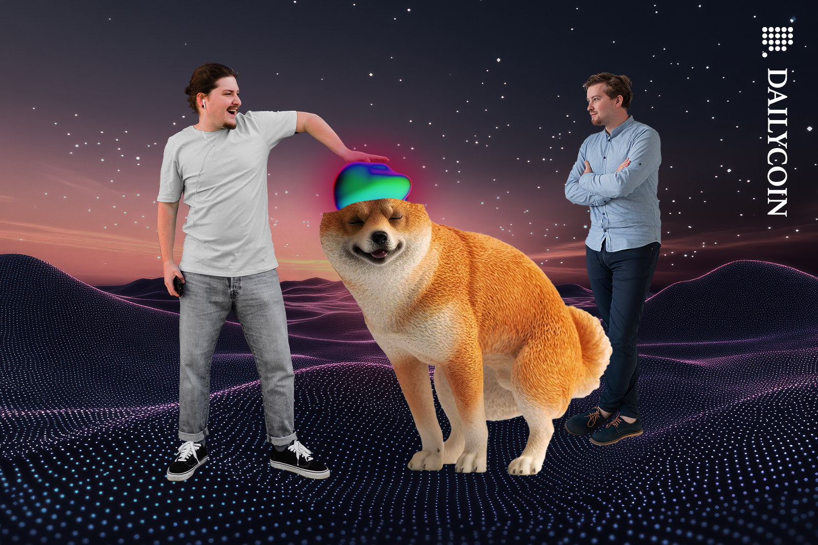 A man pushing a digital brain back into a Shiba Inu as another man watching him.