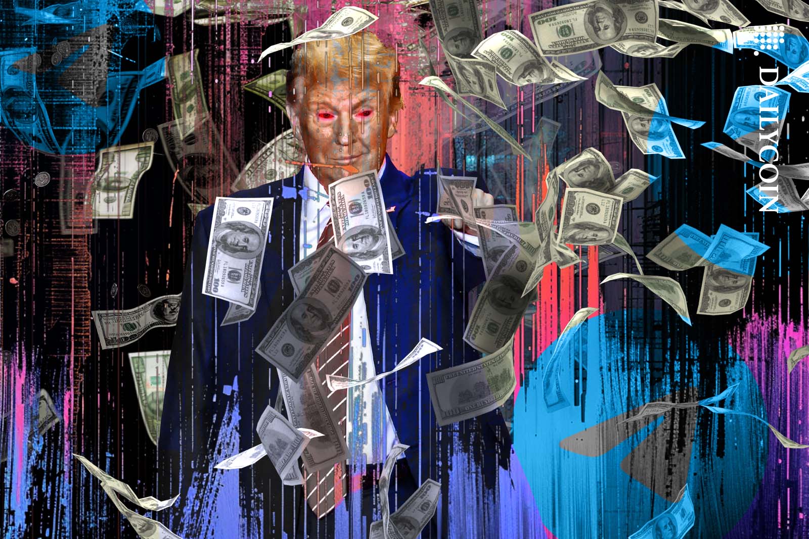 Donald Trump surrounded by money in a digital glitchy crypto environment.