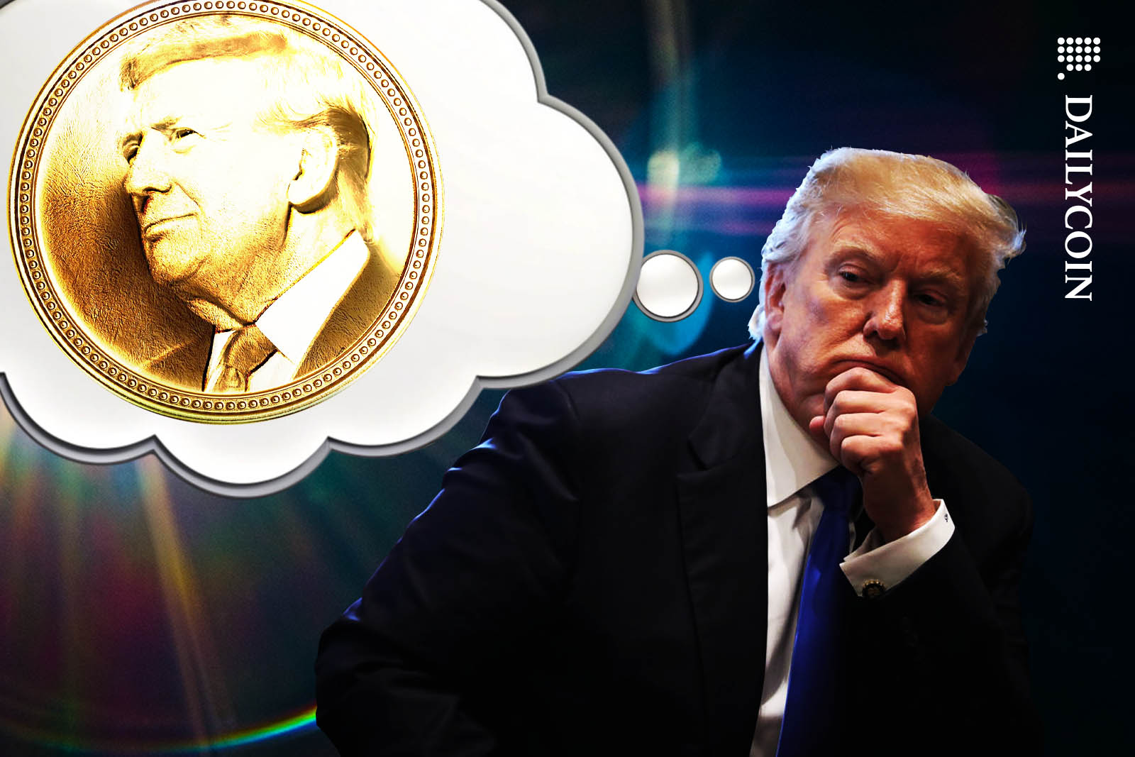 Trump thinking about a golden coin with his face on it.