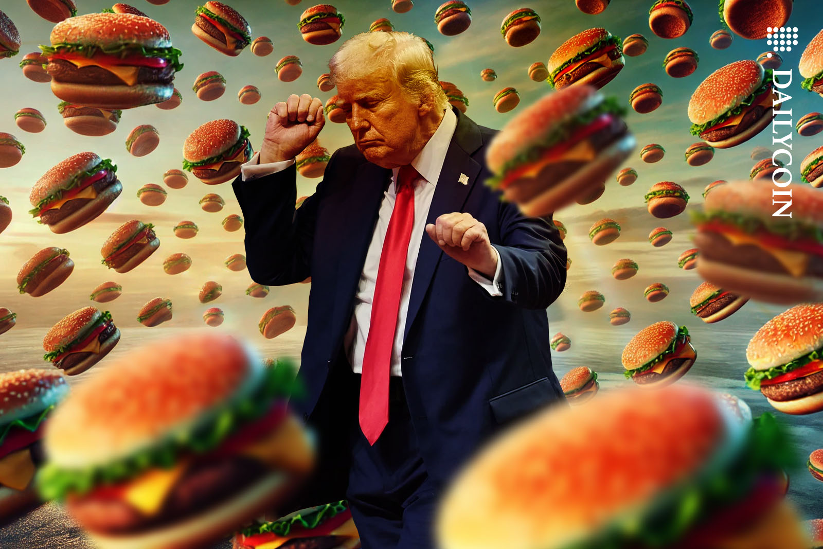 Donald Trump dancing between floating hamburgers.