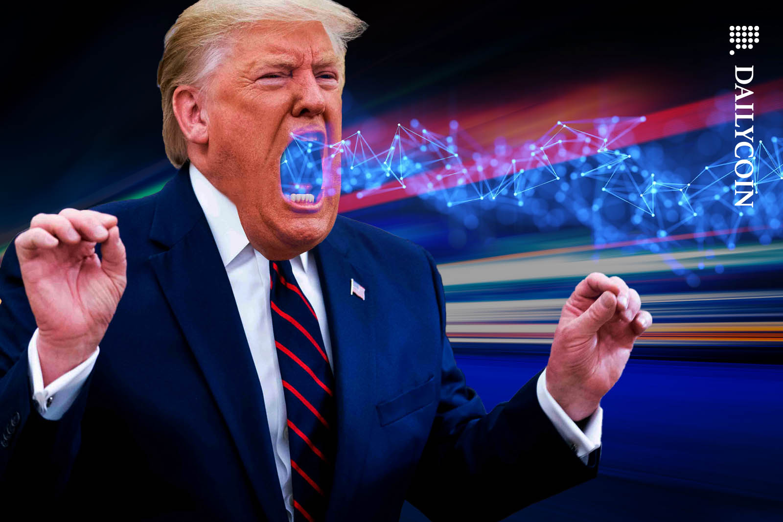 Trump coin mascot screaming blockchain-like graphics.