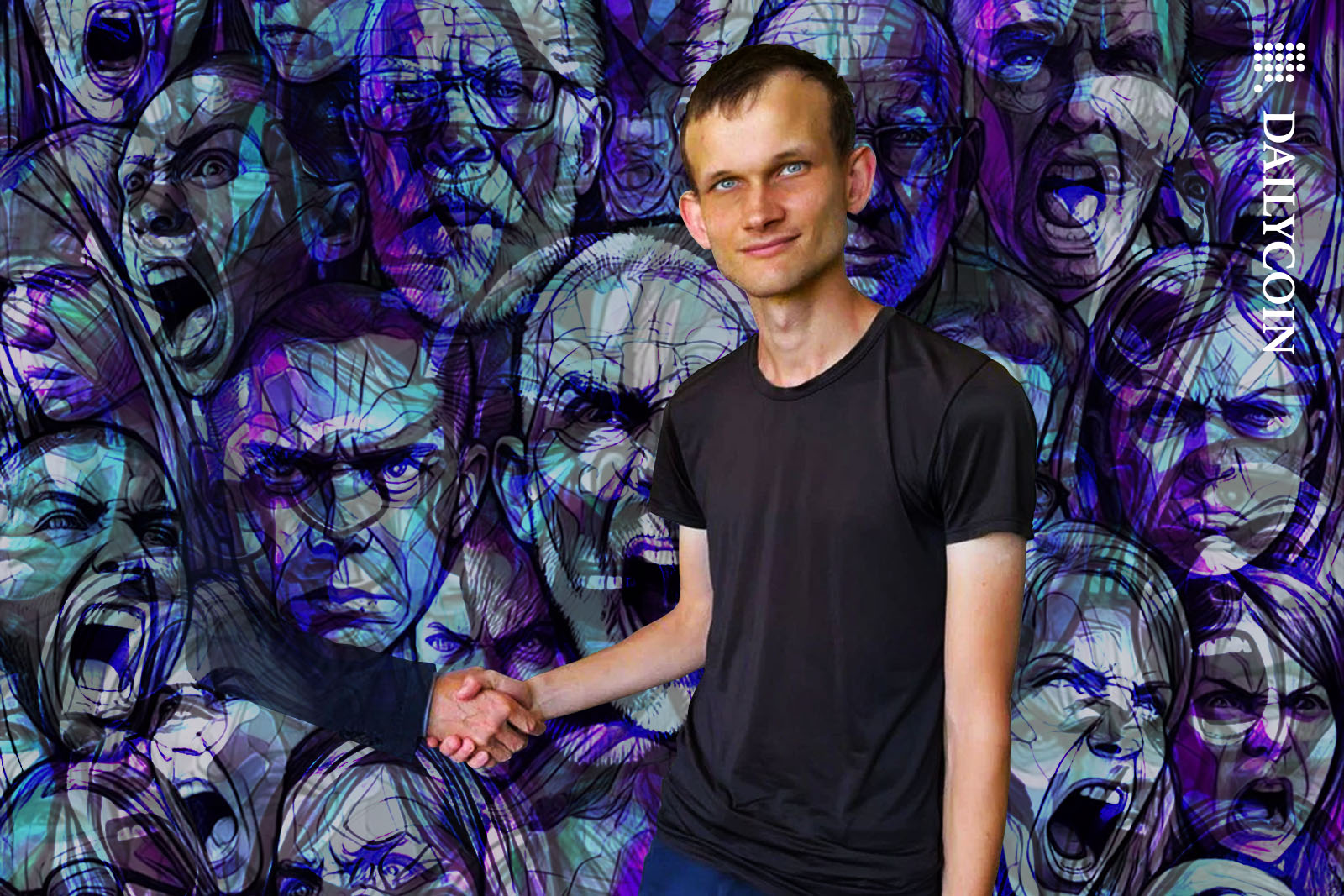 Vitalik Buterin Shaking hands with an angry crowd.