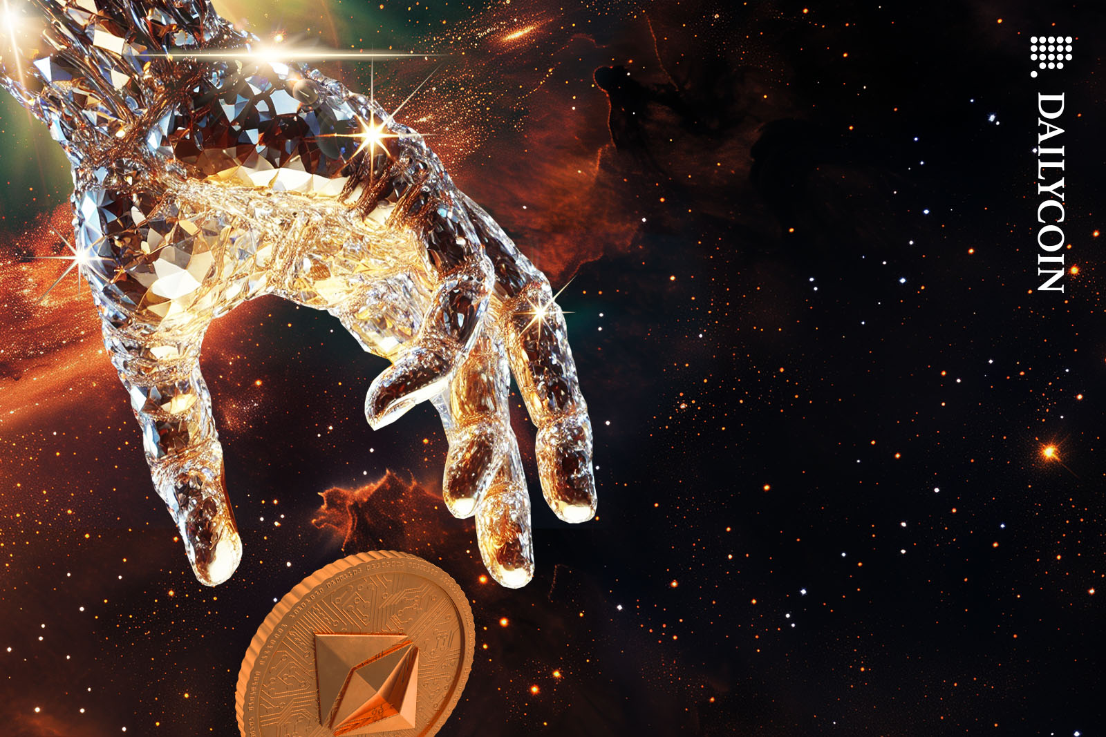 A huge diamond hand dropping an Ethereum coin in space.