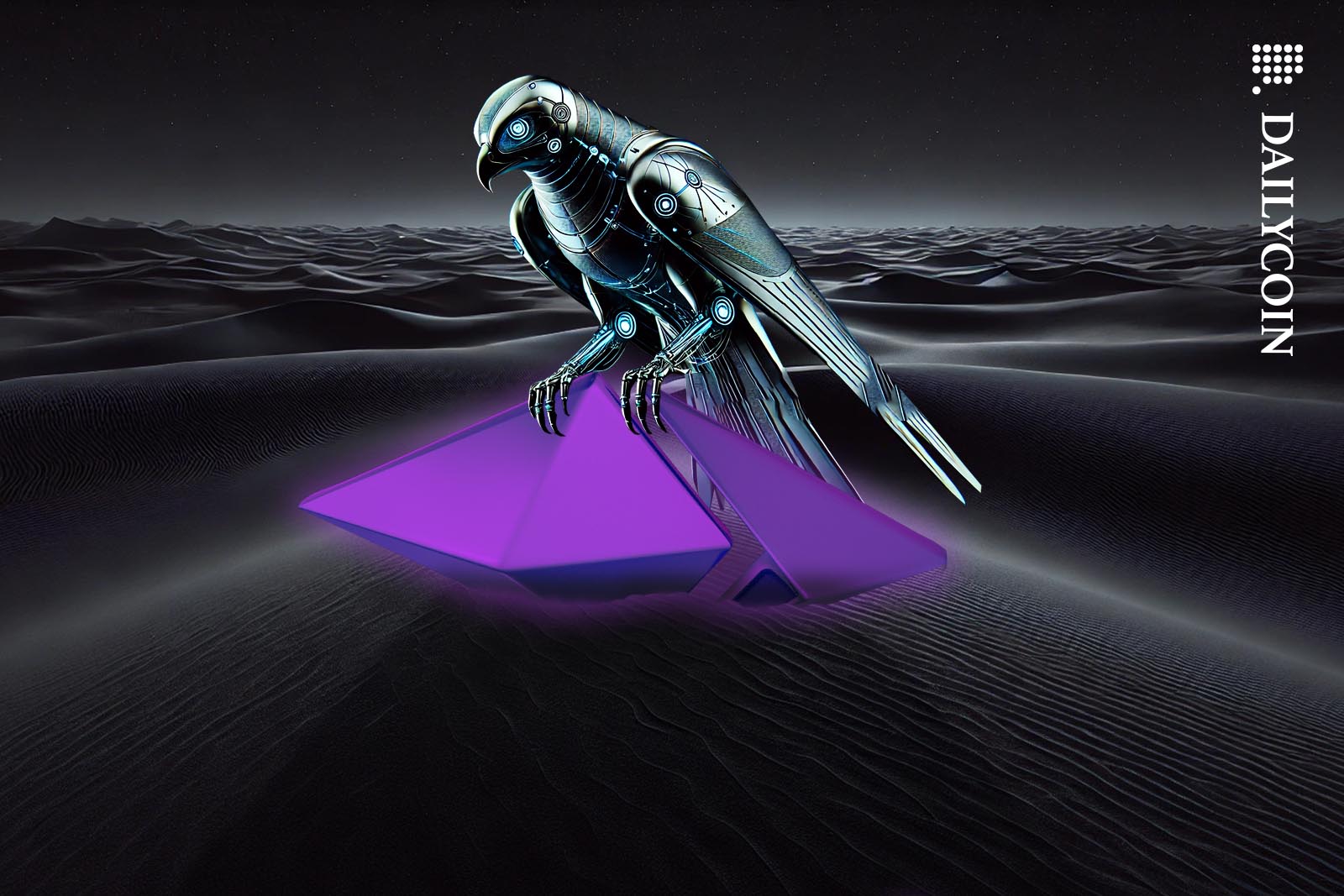 A futuristic robot Falcon sitting on a glowing Ethereum logo in a dark desert.
