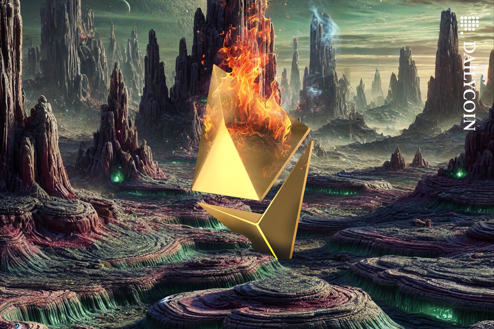 Ethereum logo burning in an alien landscape.