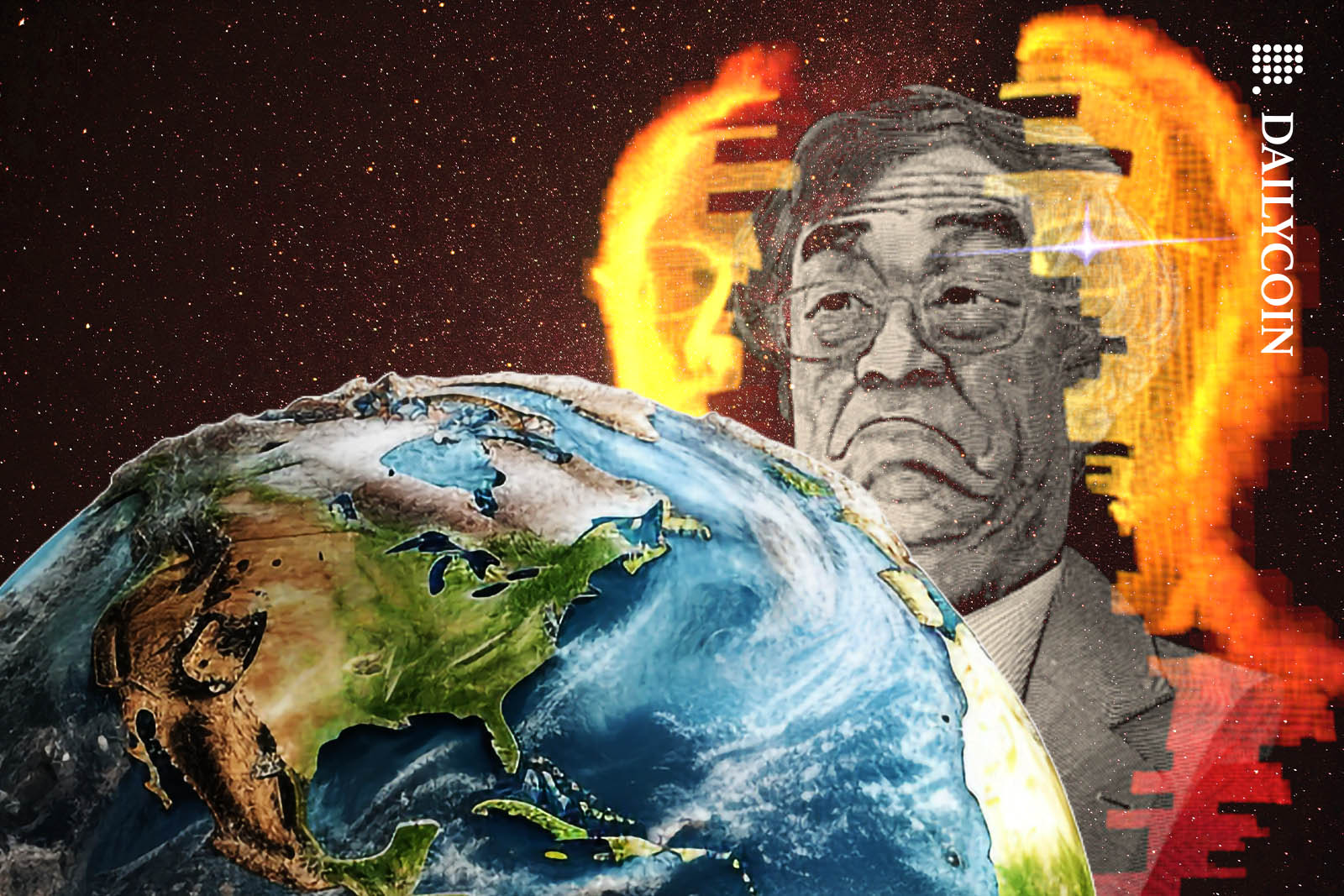 Satoshi Nakamoto looking at planet Earth, he appears to be impressed.
