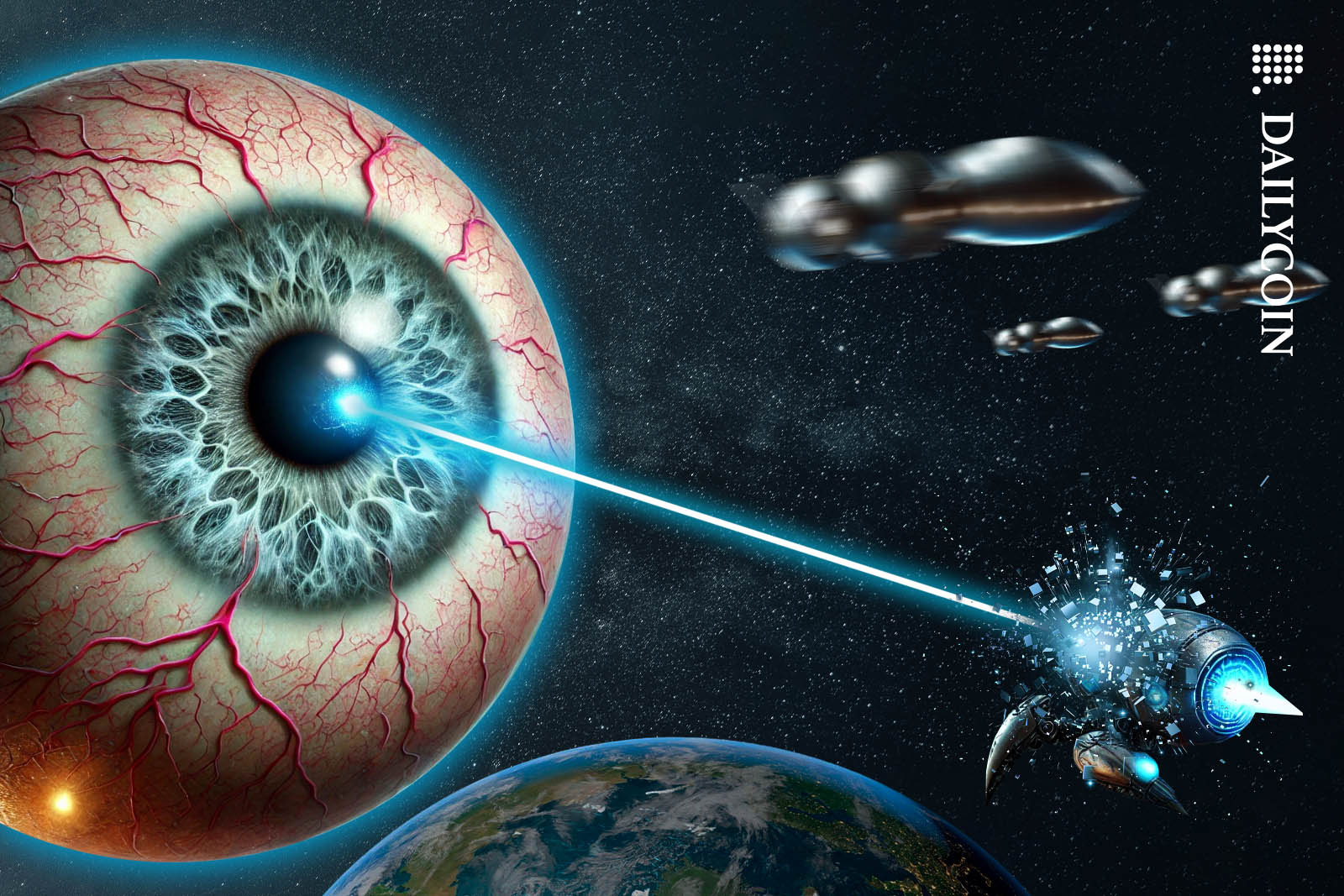 A huge eyeball fighting some insect like robots in space.