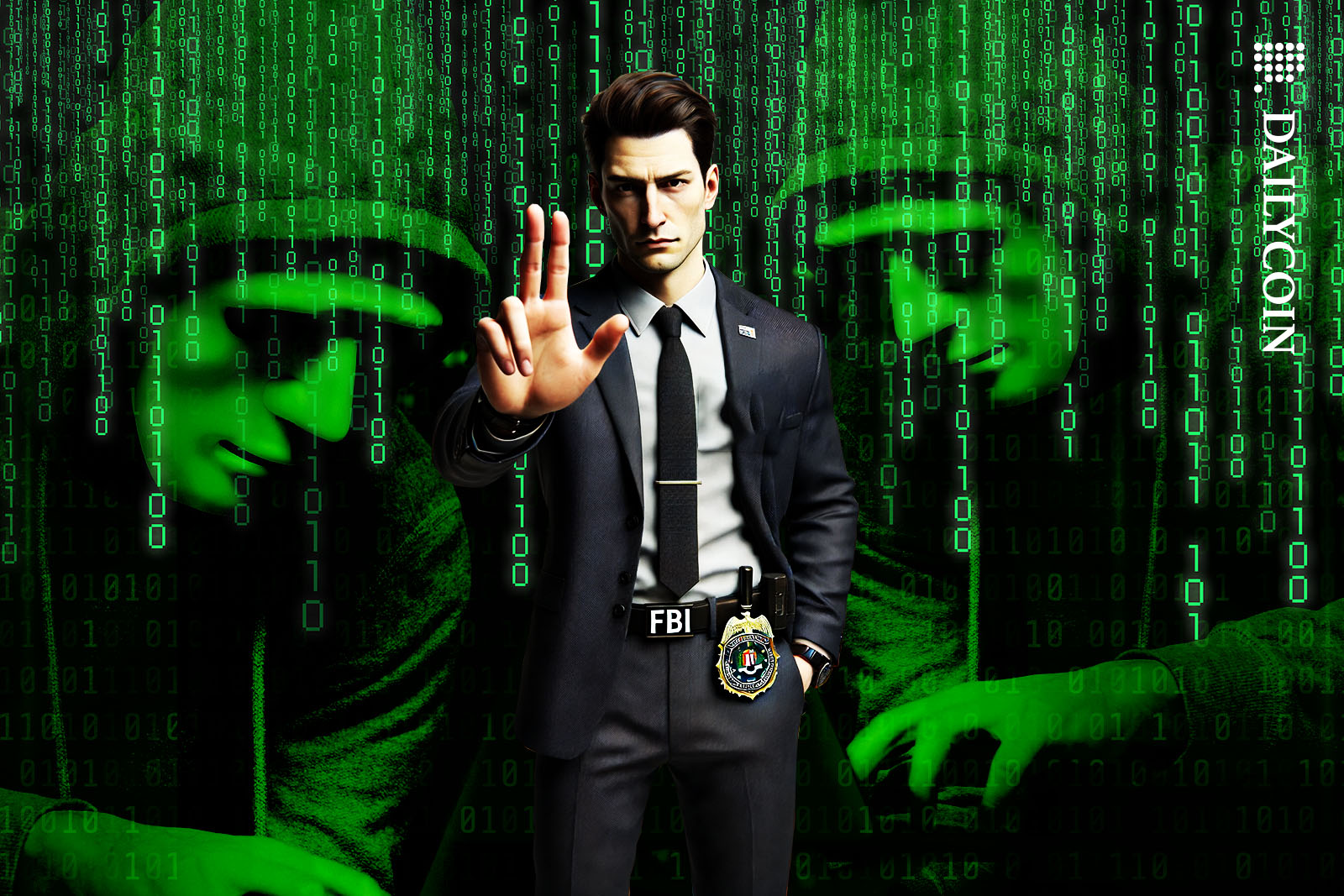 FBI agent warning us with a hand gesture about crypto scammers.