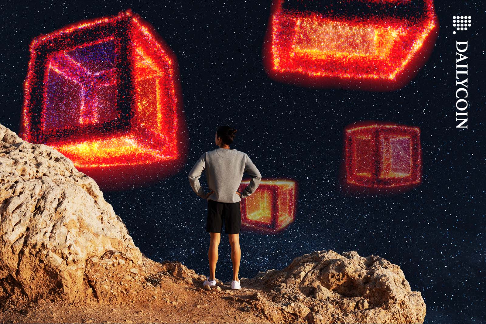 Man staring at some fiery cubes levitating on the night sky.