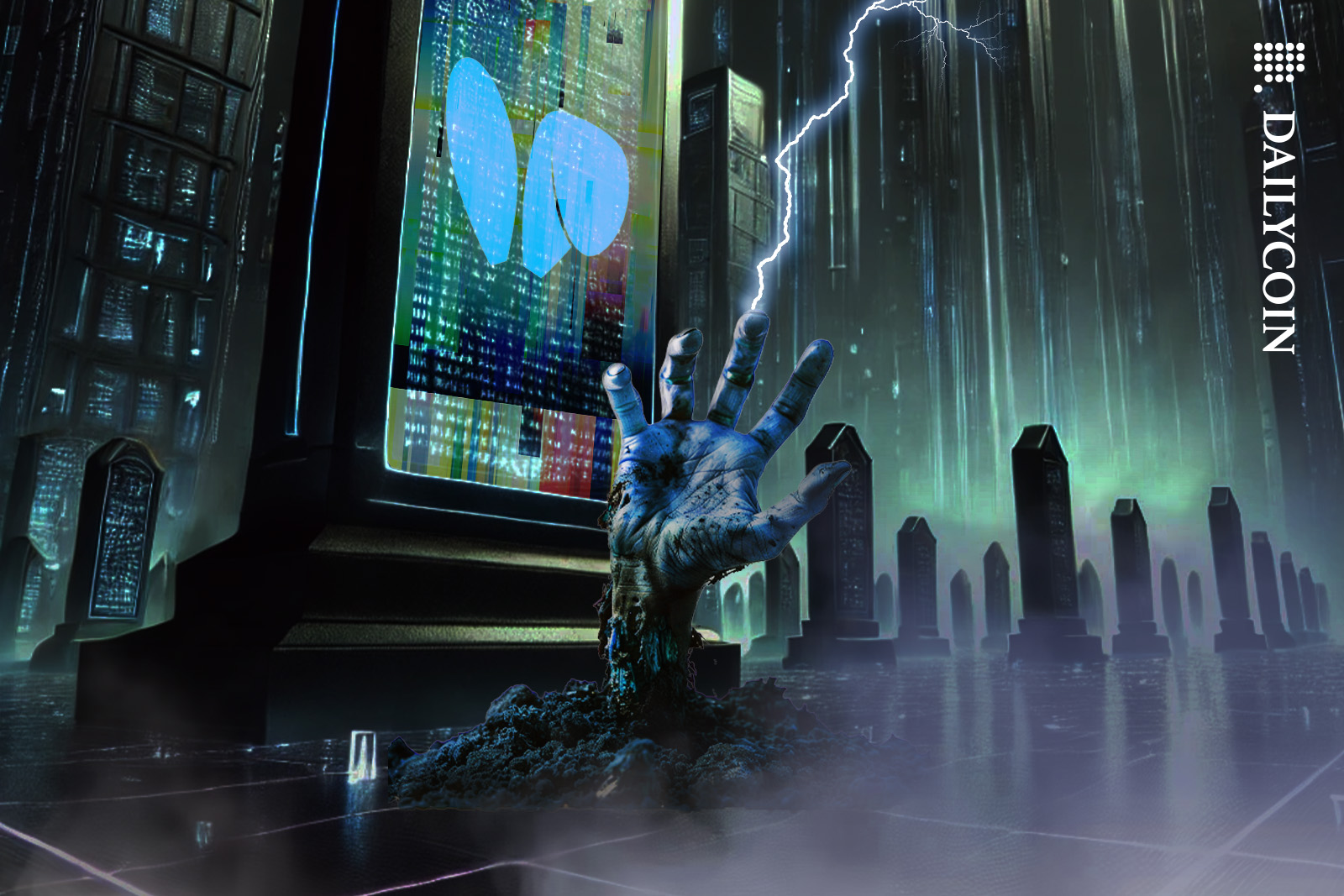 Zombie hand appearing from underground in a futuristic digital cemetery.