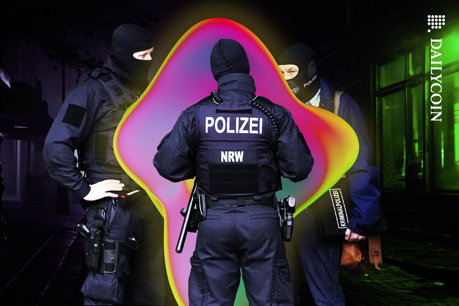 German police officers surrounding an unidentified colourful object.
