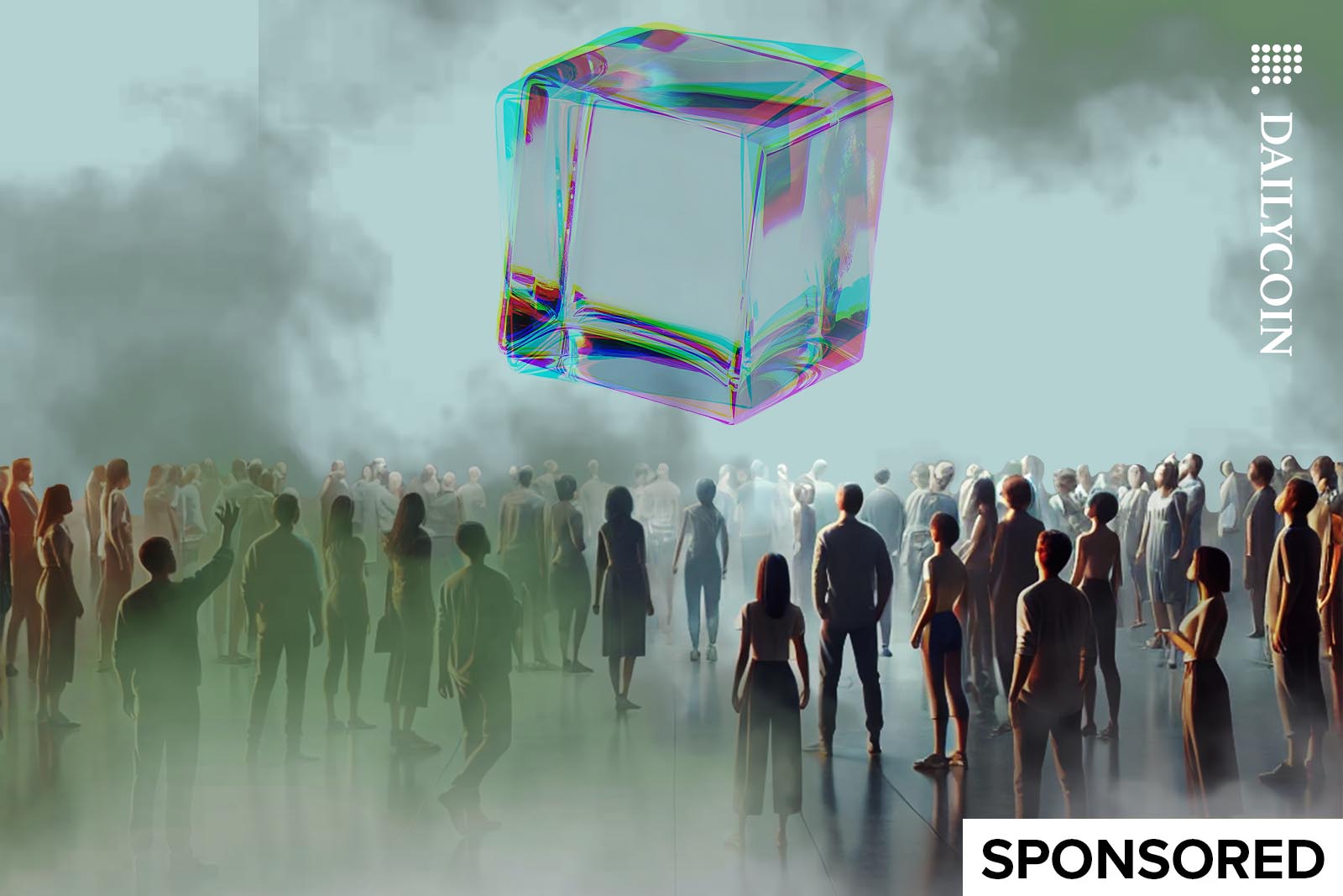 A crowd of people hypnotised by a huge glass cube.