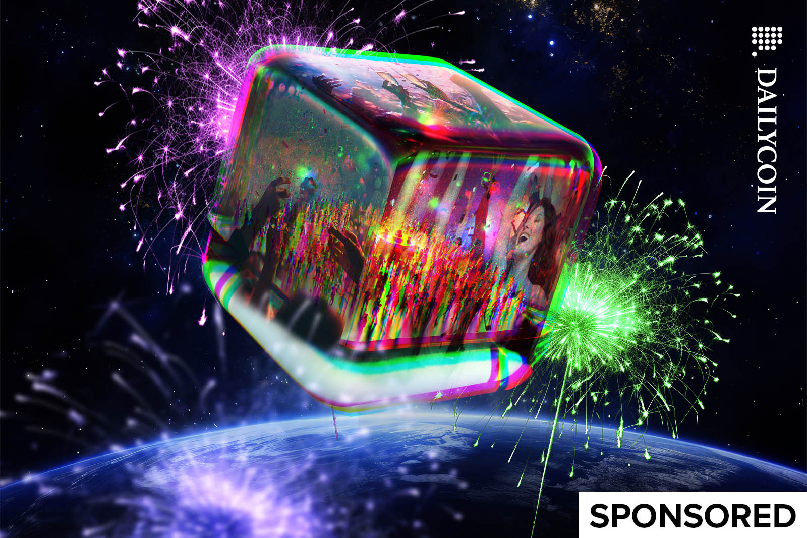 A big party in a glass cube in outer space, surrounded by fireworks.
