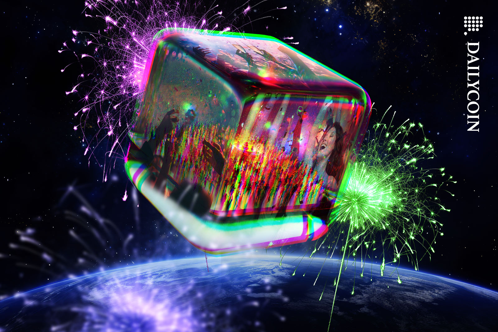 A big party in a glass cube in outer space, surrounded by fireworks.