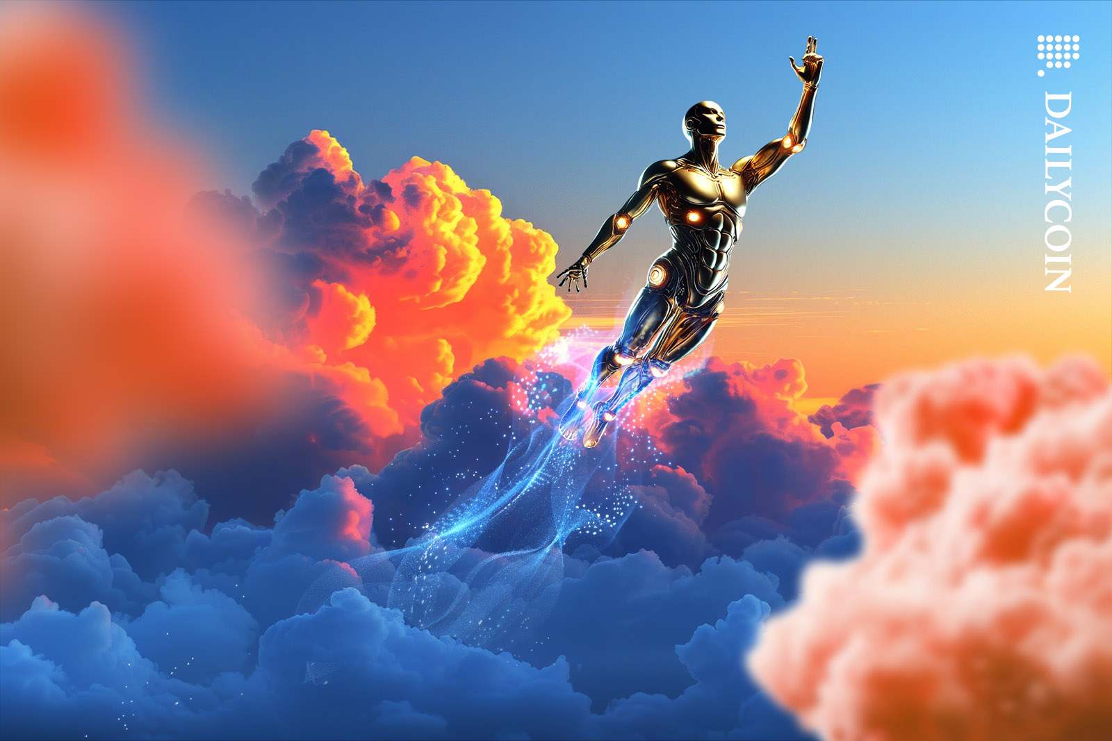 Golden humanoid robot fly towards the sky through thick clouds.