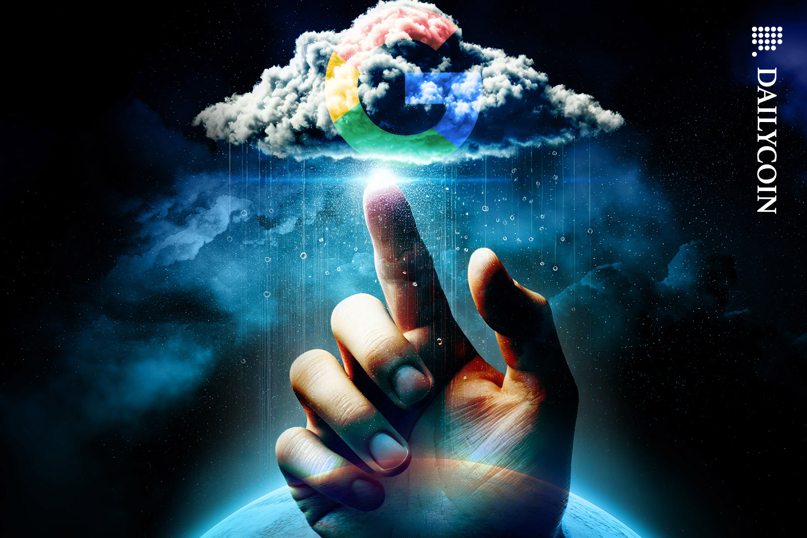 A hand launching a digital "Google branded" cloud into space.