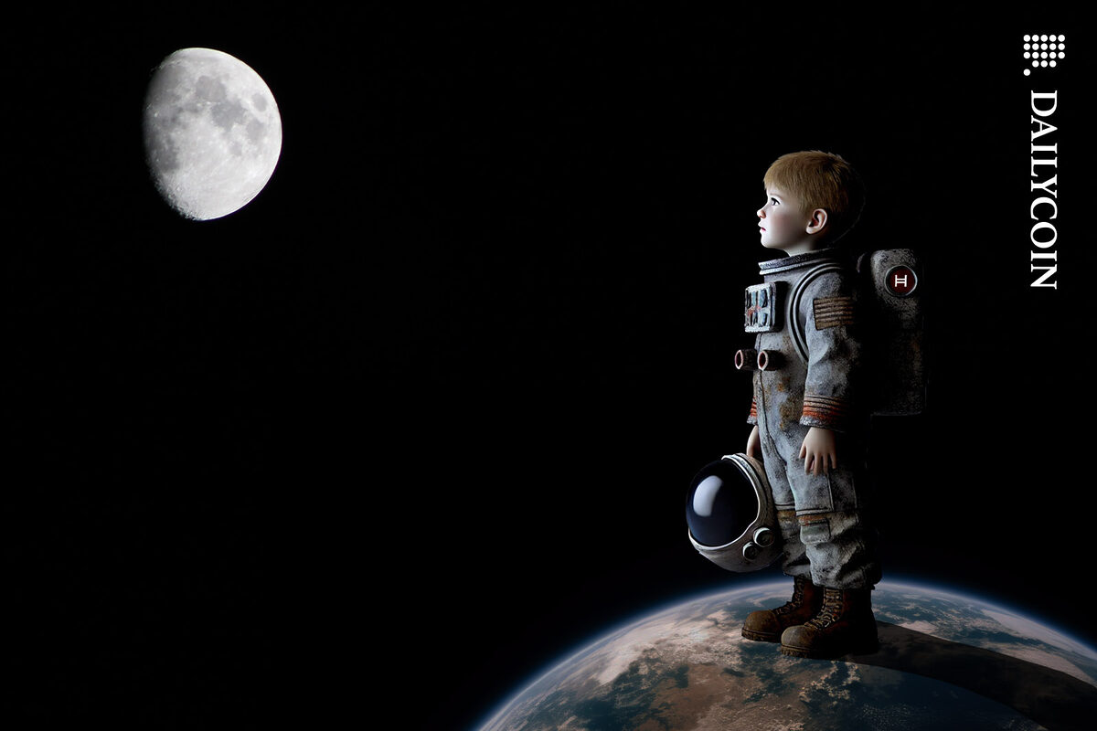 Small kid in a dystopian HBAR spacesuit staring at the Moon from Earth.