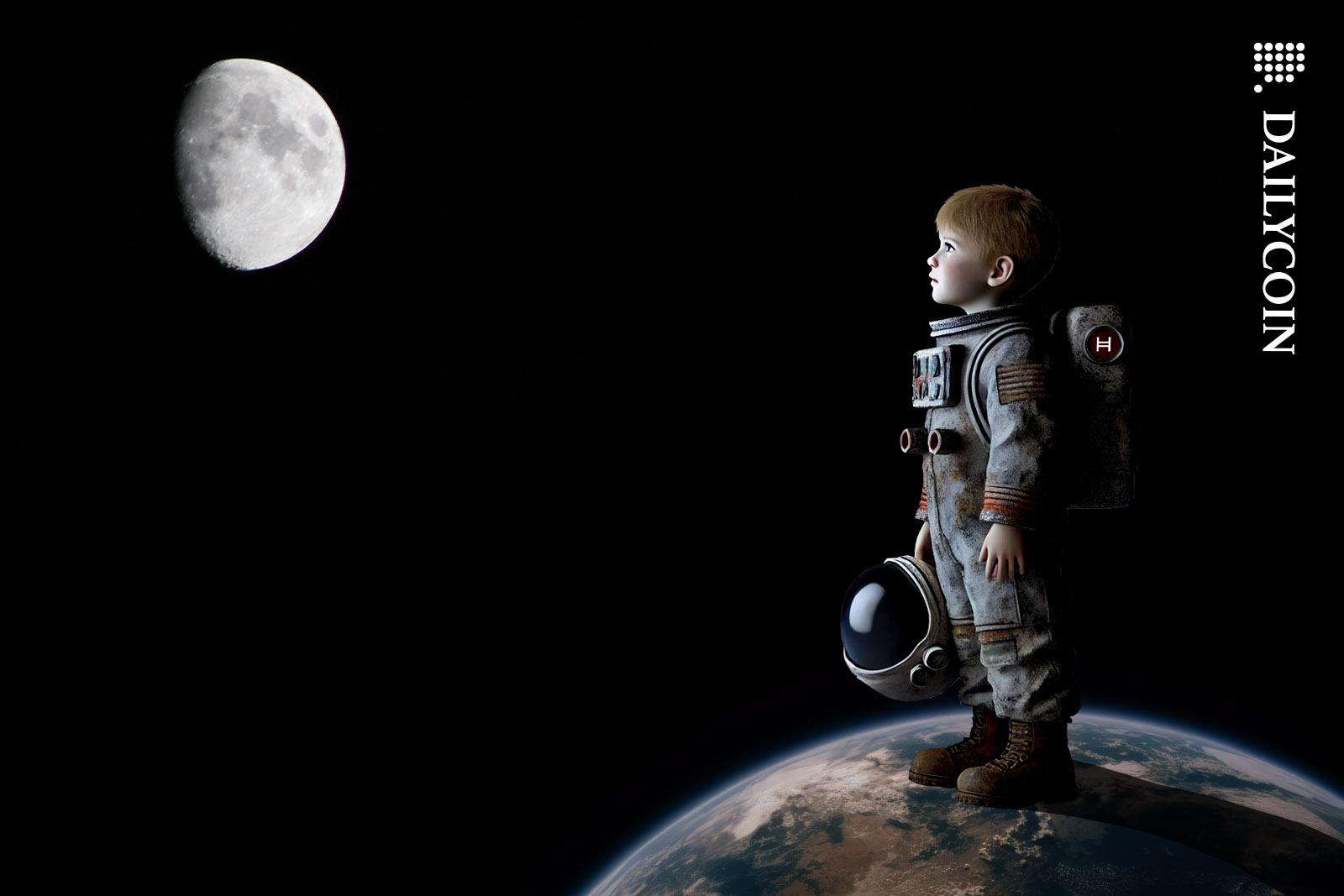 Small kid in a dystopian HBAR spacesuit staring at the Moon from Earth.