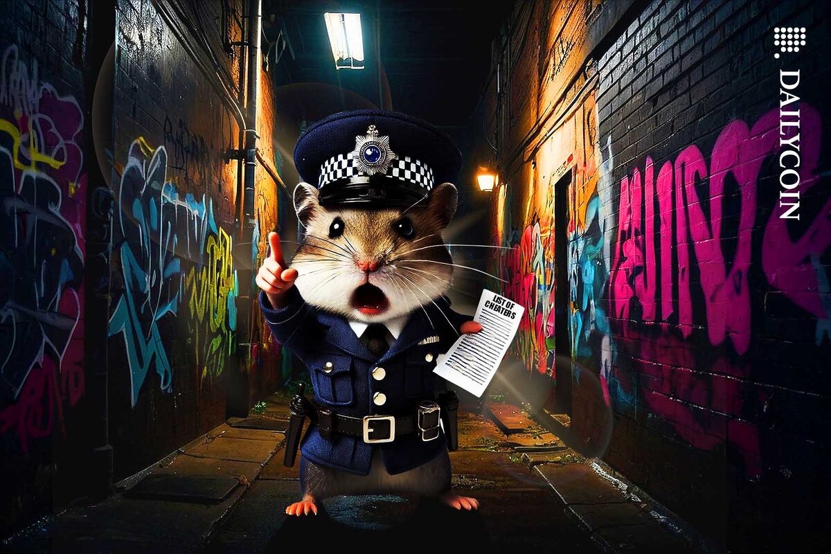 Angry police hamster pointing at the camera in an angry manner.